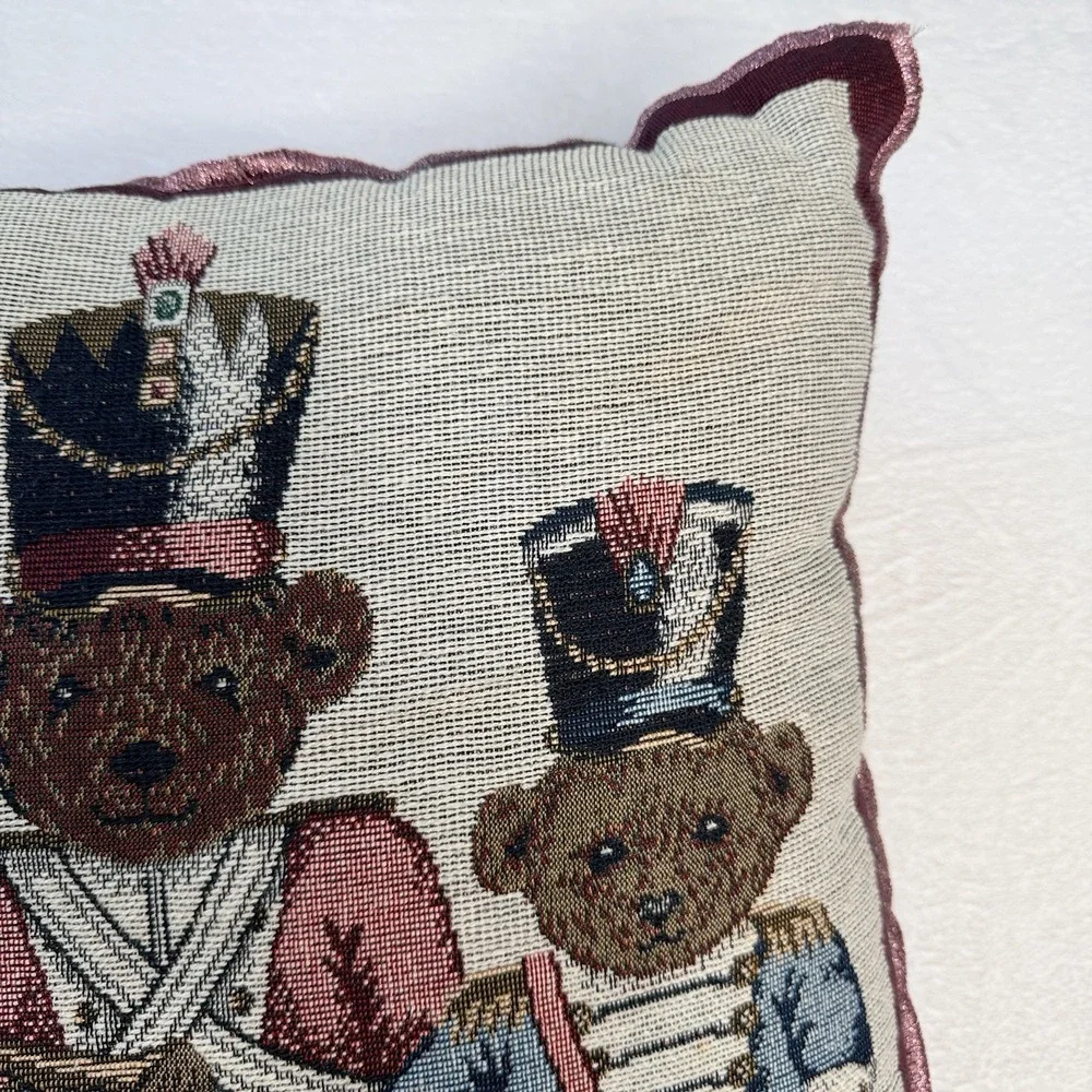 Christmas Teddy Bear Nutcracker Needlepoint Throw Pillow 16x16 Holiday Decor